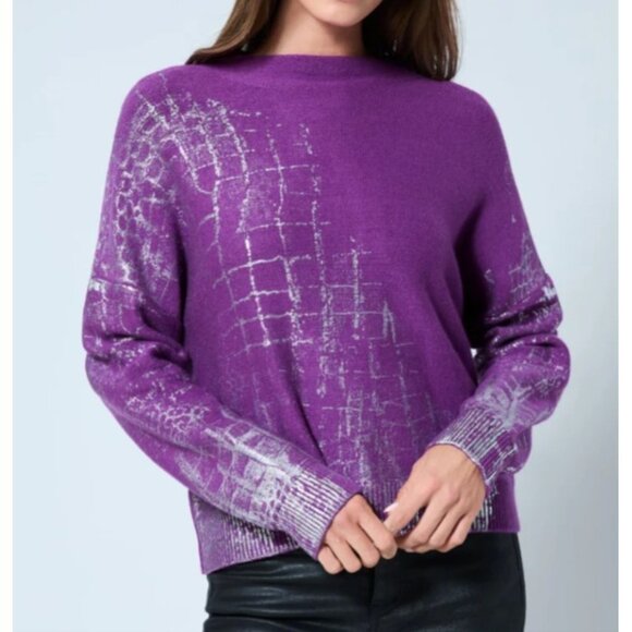 Adrienne Landau Crocodile Foil Print Funnel Neck Sweater Size M - Picture 2 of 6